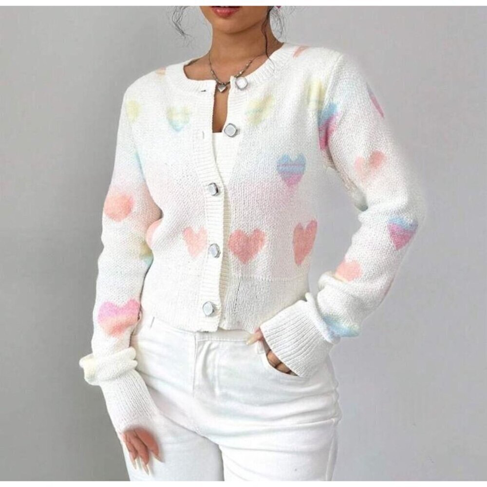 Beautiful Heart Print Knit Slim Cardigan